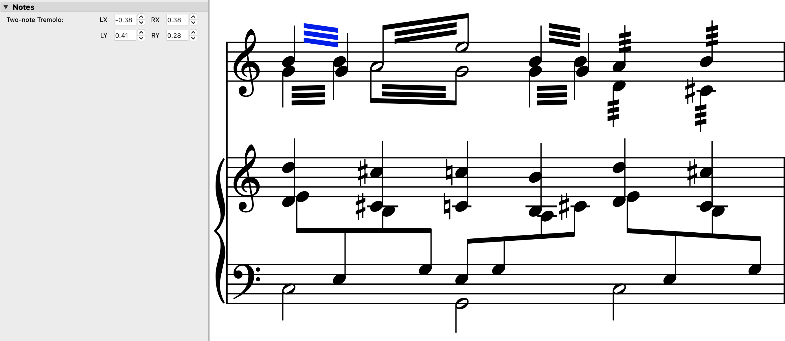 Sibelius 2026.9: Tremolos, Ties, Cross-Staff Notes